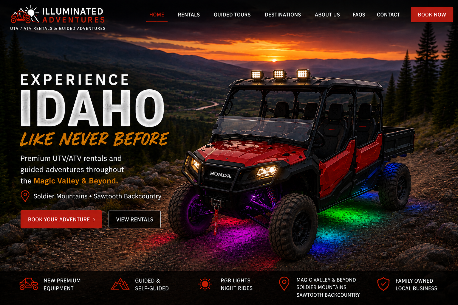 Illuminated Adventures homepage featuring a red Honda UTV in the Idaho mountains at sunset