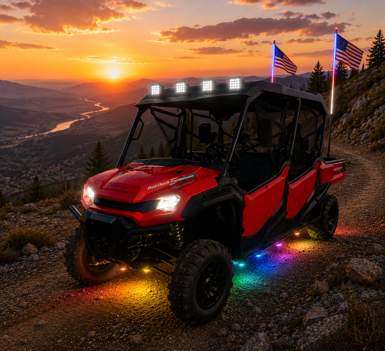 Red Honda Pioneer 1000-6 Deluxe with RGB lights, four roof pods, windshield, half doors and flag whips
